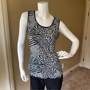 Reitmans Black White Fitted Sleeveless Tank Top Layered Ruffles Animal Orint